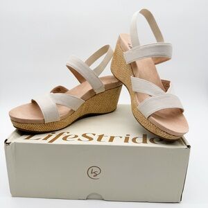 LifeStride Danita Wedge Slingback Sandal Comfort Elastic Straps Tan 8.5 Wide NEW